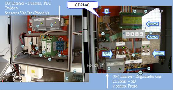 Figure 1.3 – AC load measurement for small dosification pump using Schneider PLC and Phoenix/Contact sensors (left) and data logging system for associated wind and PV system, using CL2bm1 and M4E modules from L&R Ingeniería (right)